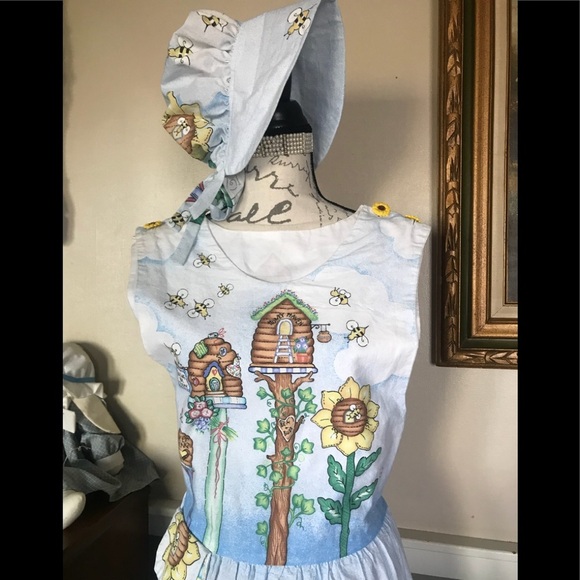Rare Handmade Daisy Kingdom Bee Dress & Bonnet M - Picture 2 of 12